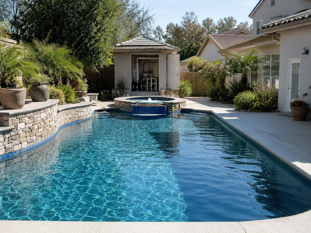 Backyard swimming pool with a raised circular spa in the center and a pool house at the far end, surrounded by stonework and plants.